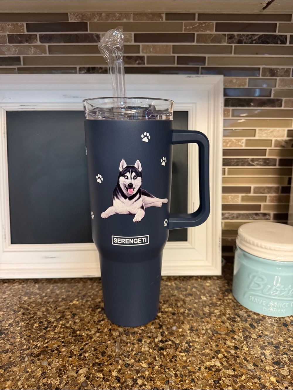 Serengeti Navy Blue Husky & Paw Print Travel Mug with Handle NEW - see last pic